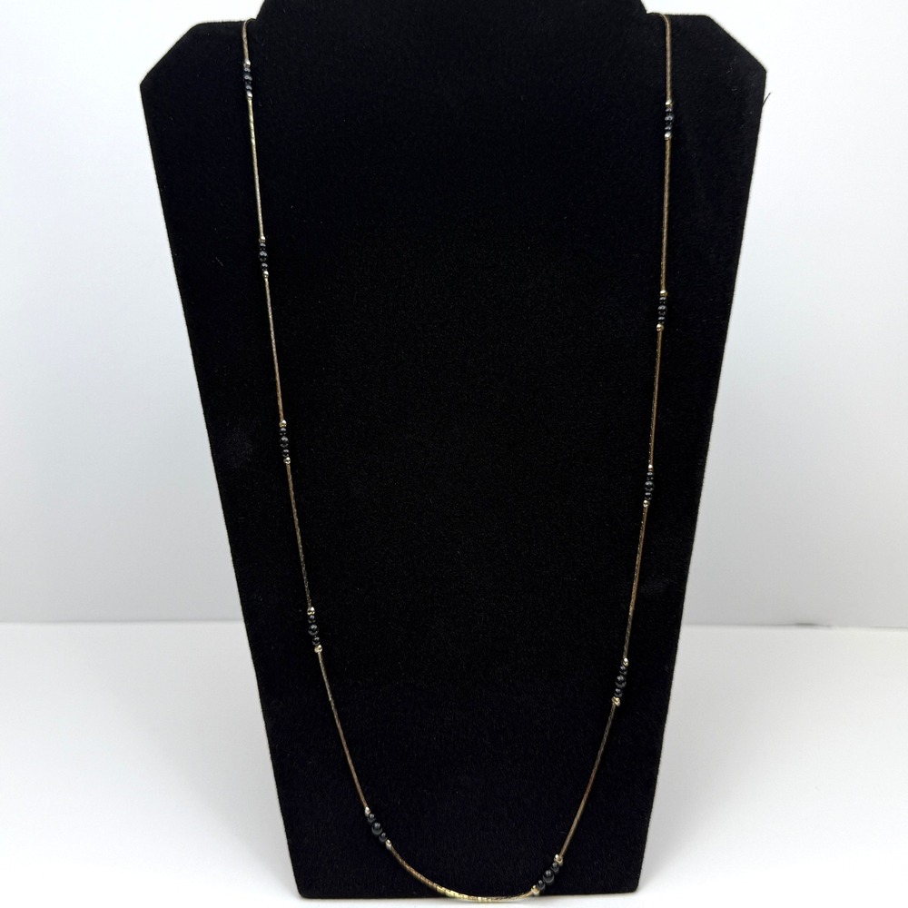 Black Beaded Long Necklace Gold Chain Silver Accents Fashion Jewelry 15 in L